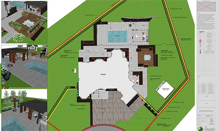 Plan conceptuel avec vues 3D d'un aménagement de cour arrière