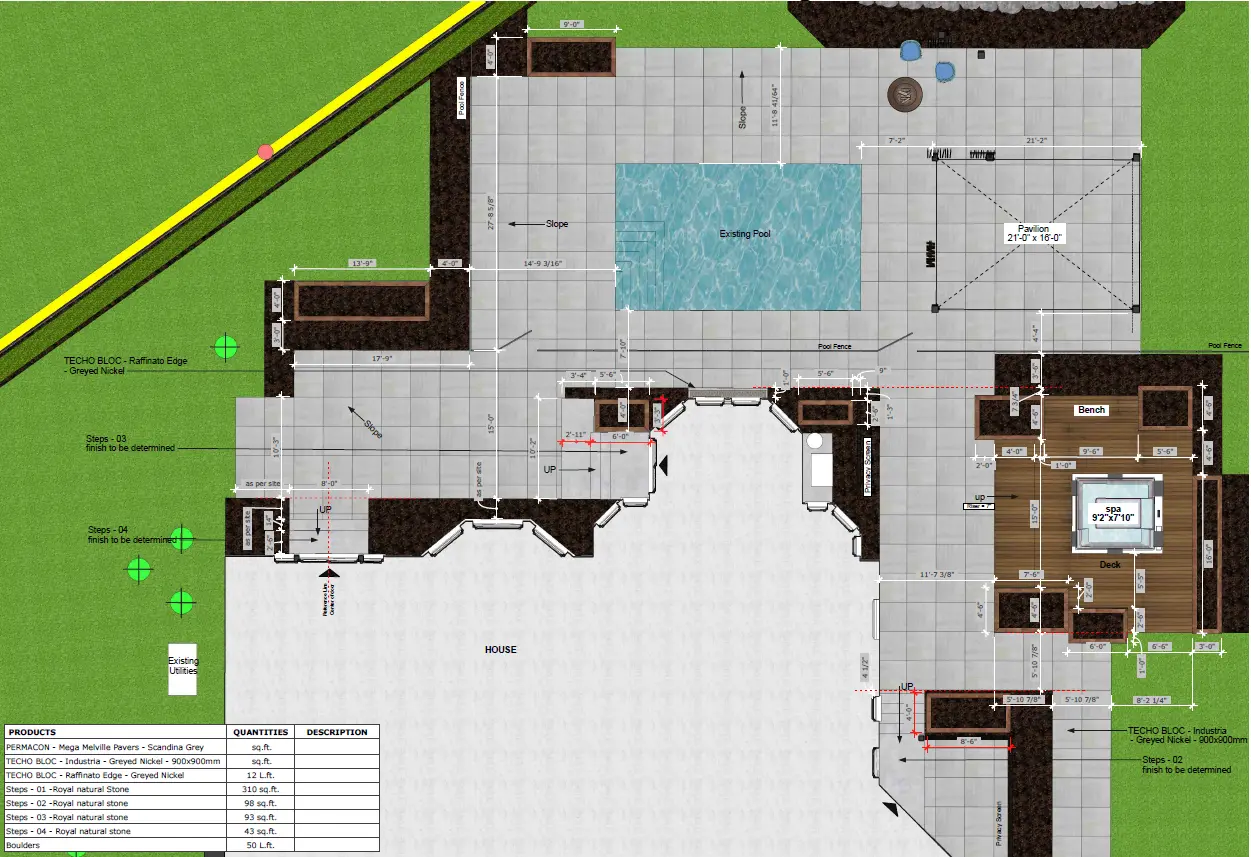 Plan d'aménagement paysager détaillé en 2D, avec dimensions et matériaux