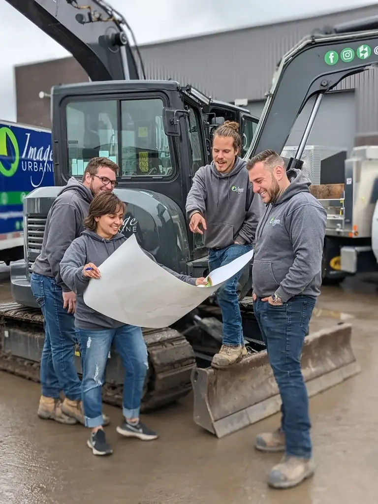Des membres de l'équipe d'Image Urbaine examinent un plan d'aménagement sur le chantier